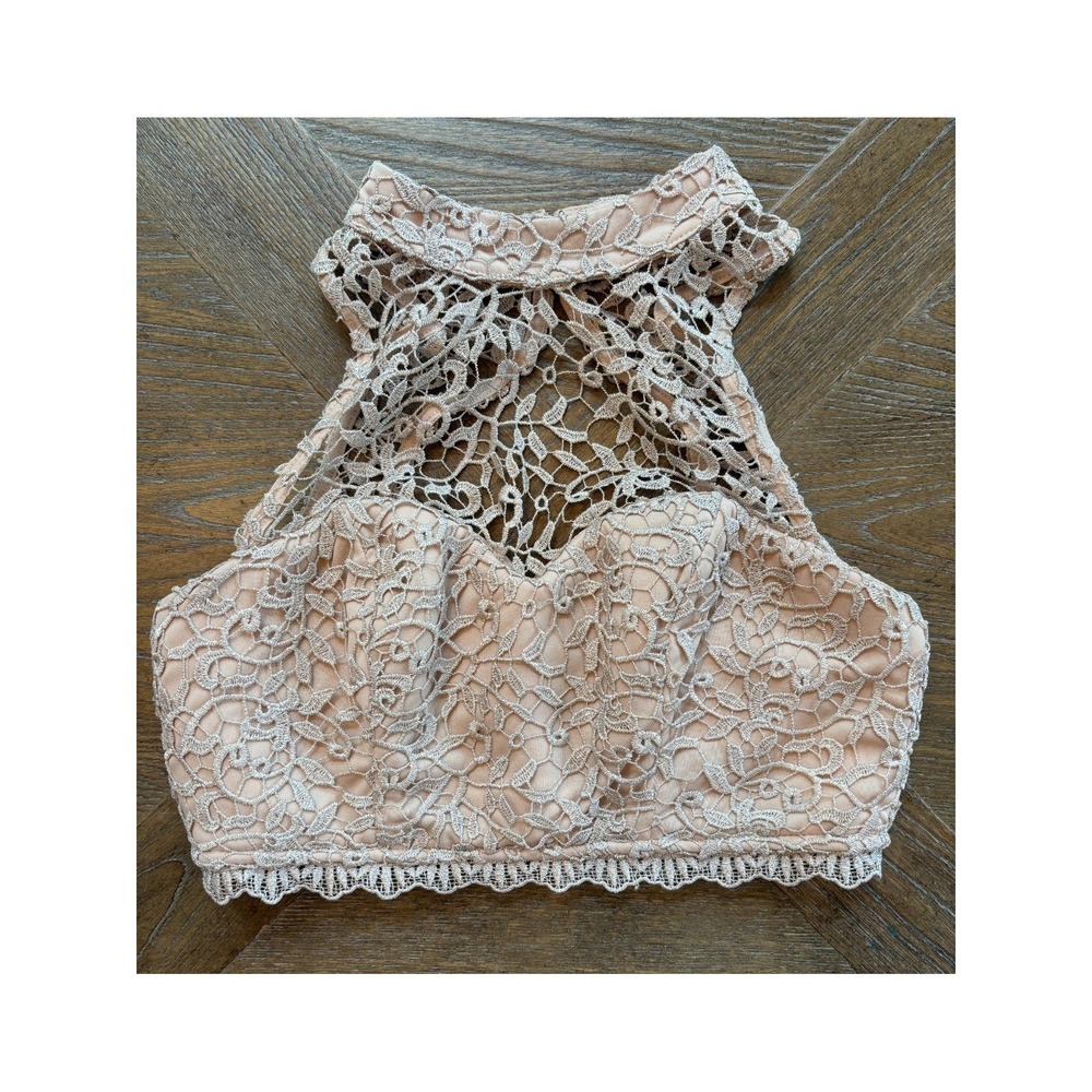 Sequin Hearts Juniors Metallic Lace Halter Crop Top Champagne Pink Size 1 Party